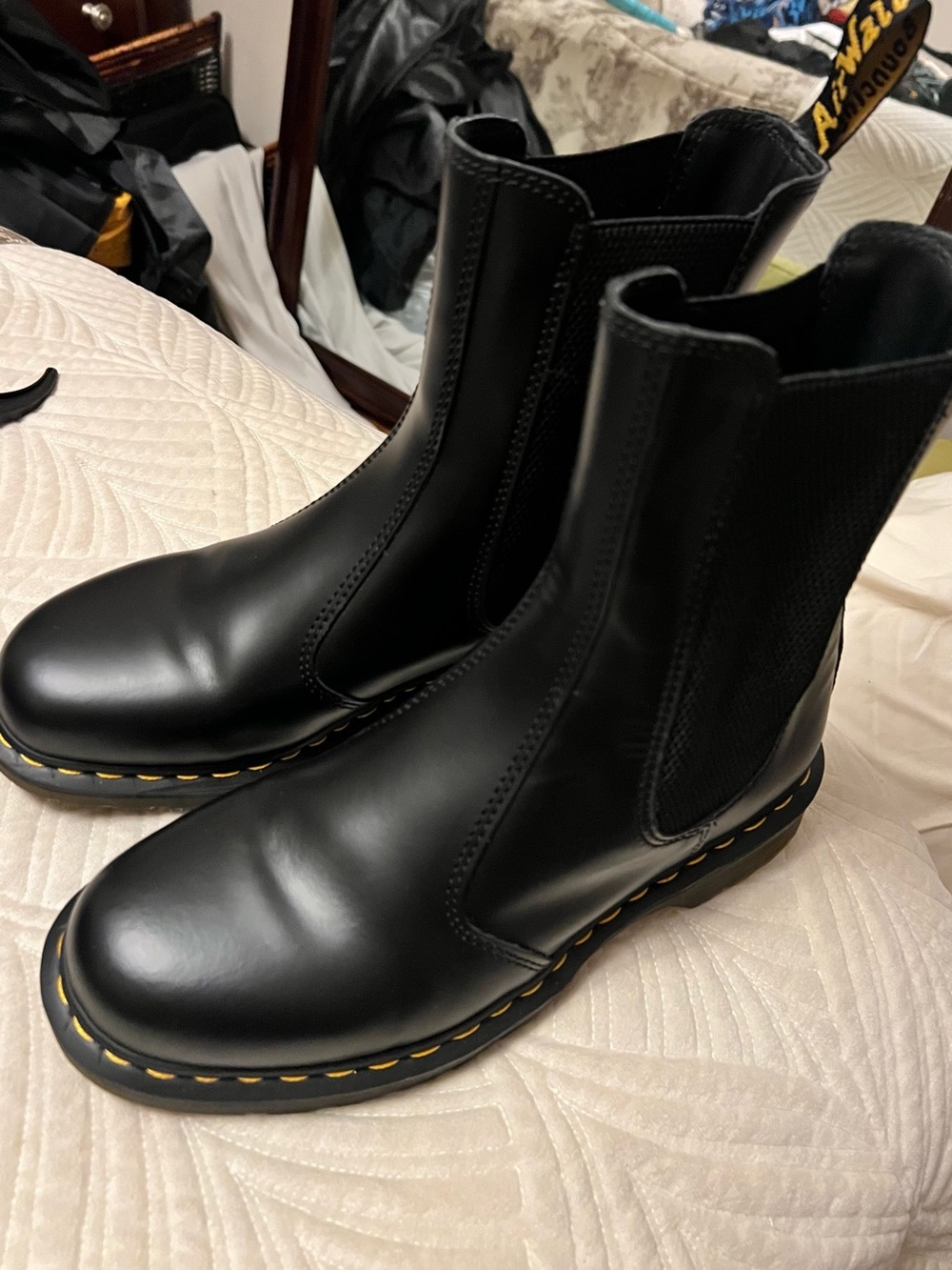 Dr. Marten Black Leather Chelsea Boots with Yellow Stitching - Women